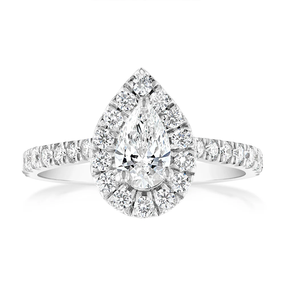 Luminesce Lab Grown 9ct White Gold 1 Carat Diamond Halo Solitaire Ring with Pear Centre Diamond